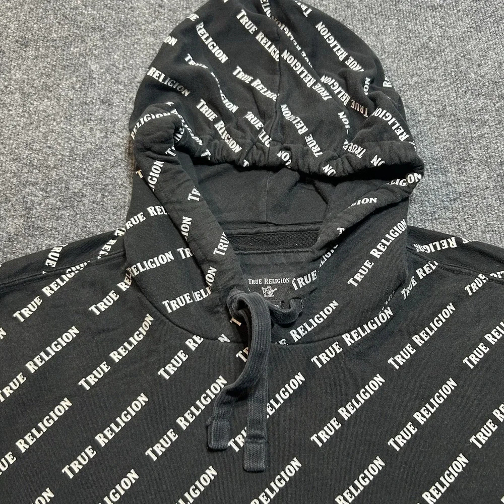True Religion Mens 2XL Hoodie Black White All Over Logo Pullover